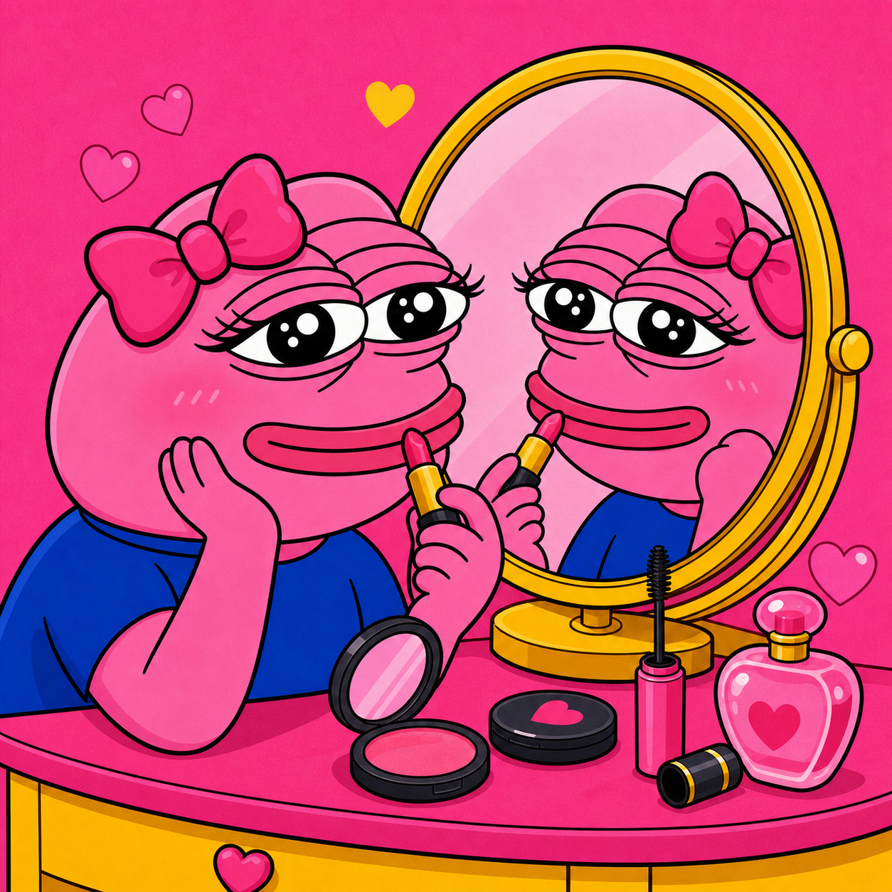 $PIPI pink frog girlfriend applying lipstick at a vanity mirror