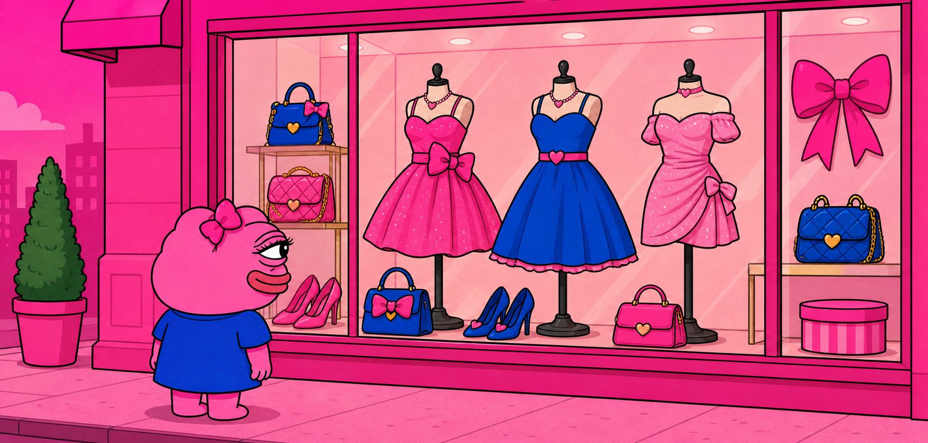 Pink Pepe's Girlfriend looking at a boutique window with pink and blue dresses